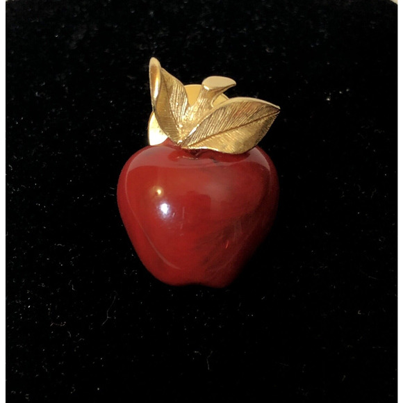 Avon Jewelry - Vintage Apple Lapel Tie Pin Tiny Brooch Bright Red Gold Tone Signed Avon School